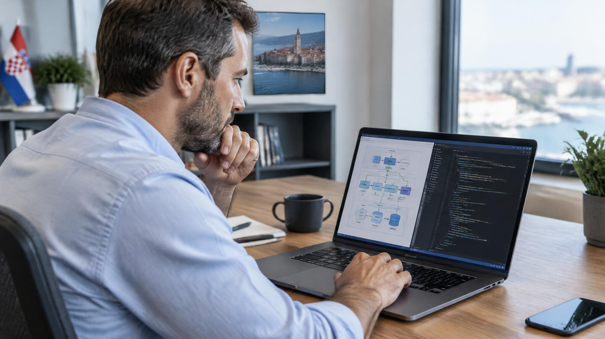 Man analyzing software architecture diagrams on a laptop at a desk