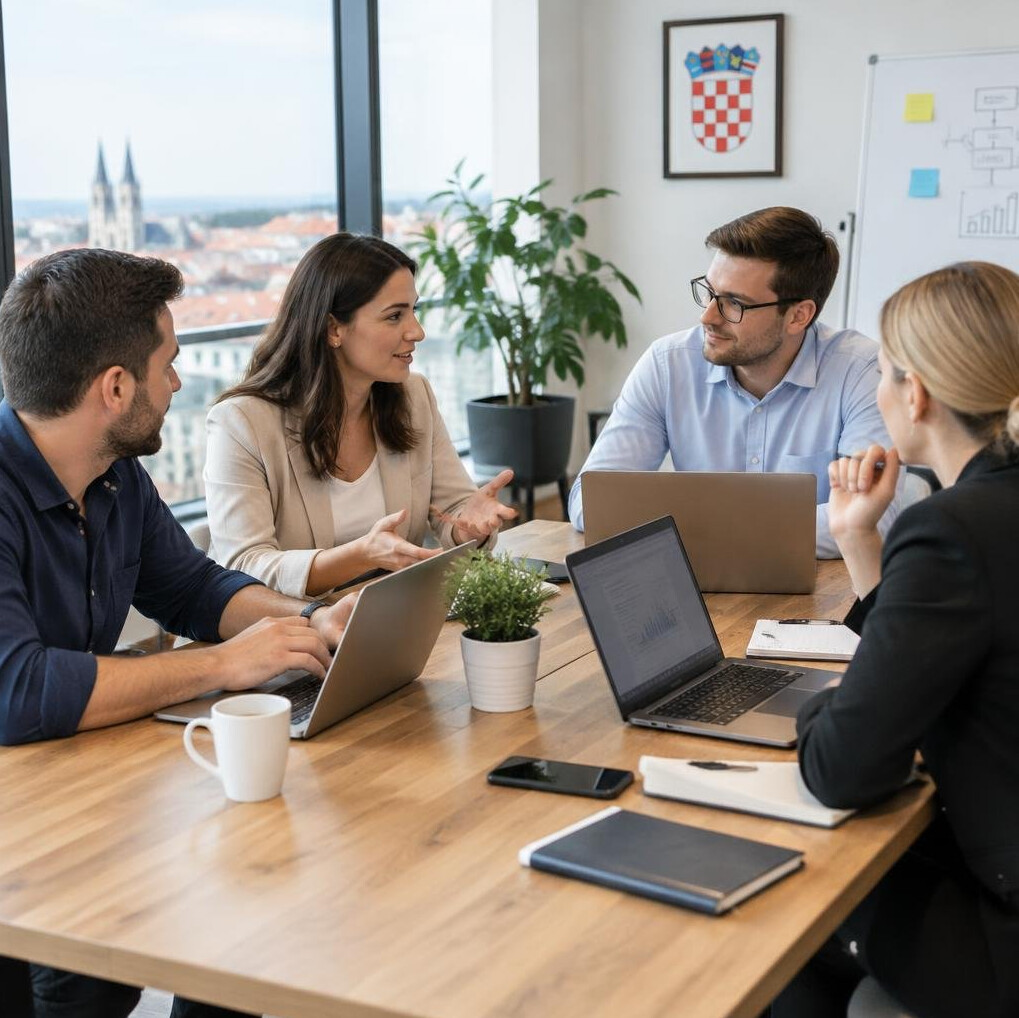 Small team meeting around a table discussing a project with laptops open